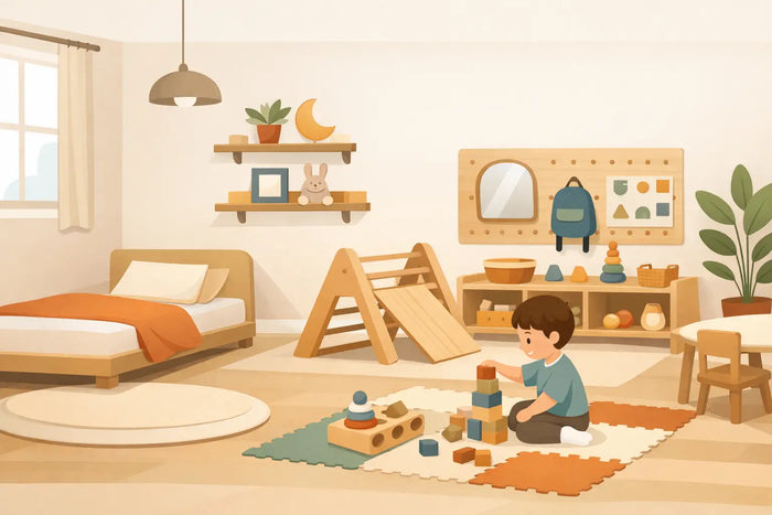 Malý pokoj s montessori zónou pro samostatné dítě