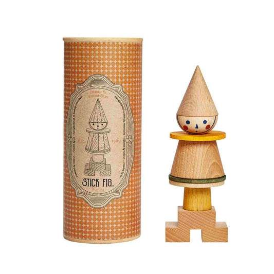 Skládací figurka LALA Wooden Story ve žluté variantě, dřevěné kostky na tyčce – pohled 2