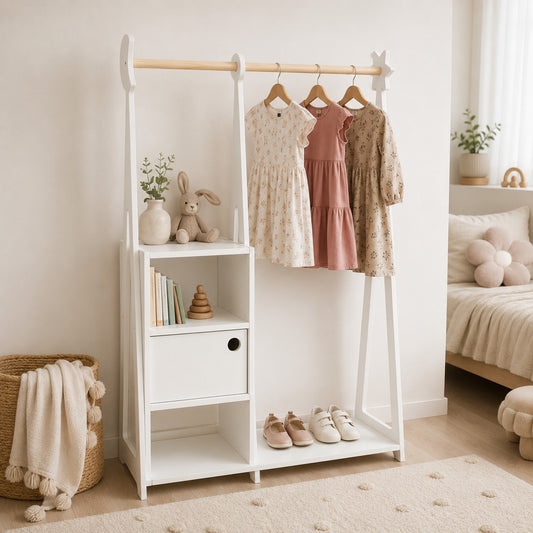Dětská šatní skříň leg&go Montessori v bílé barvě s tyčí na ramínka a skříňkou s posuvnými dvířky – pohled 2