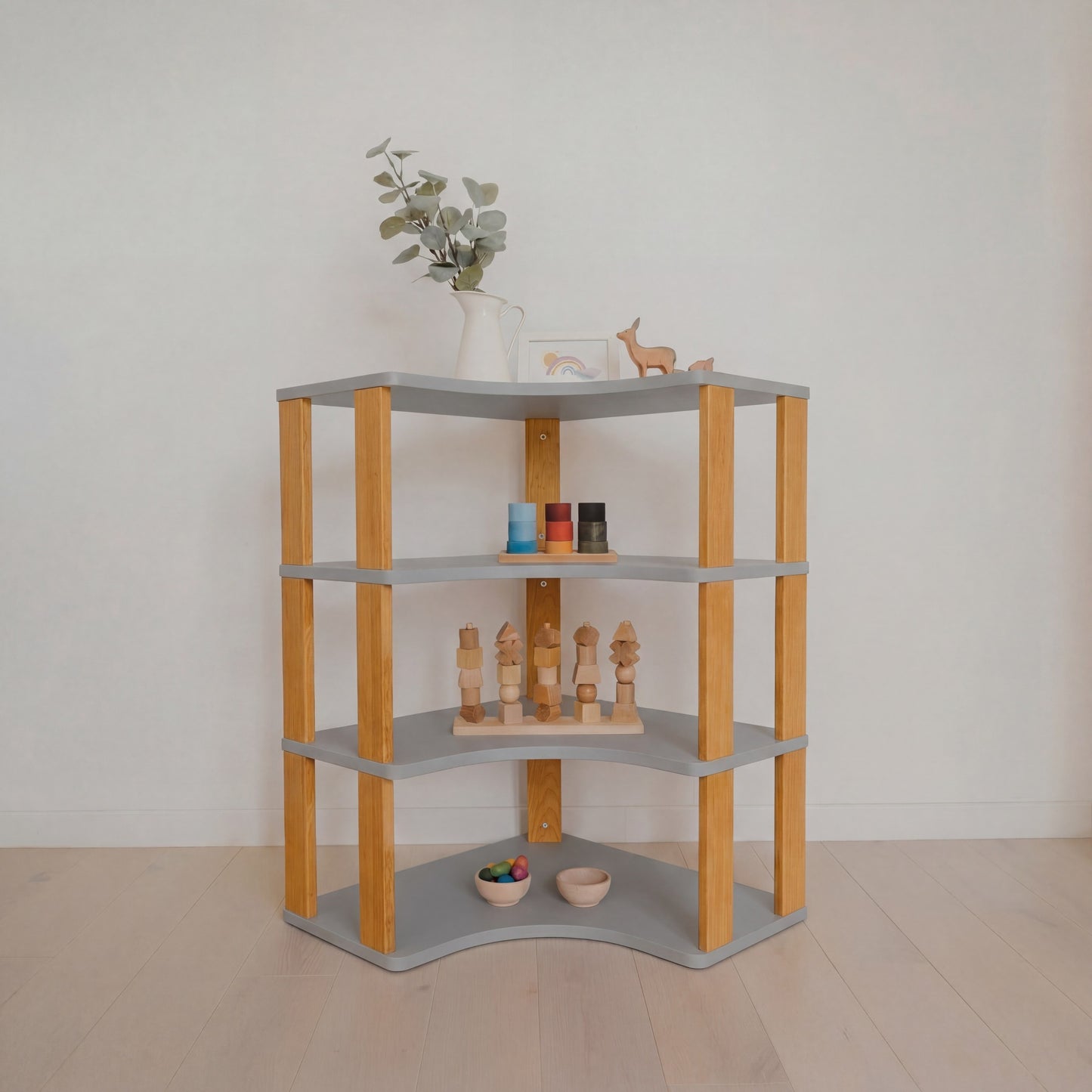 Modular Montessori Shelf Corner - 4 Shelves - Light grey/brownish oil