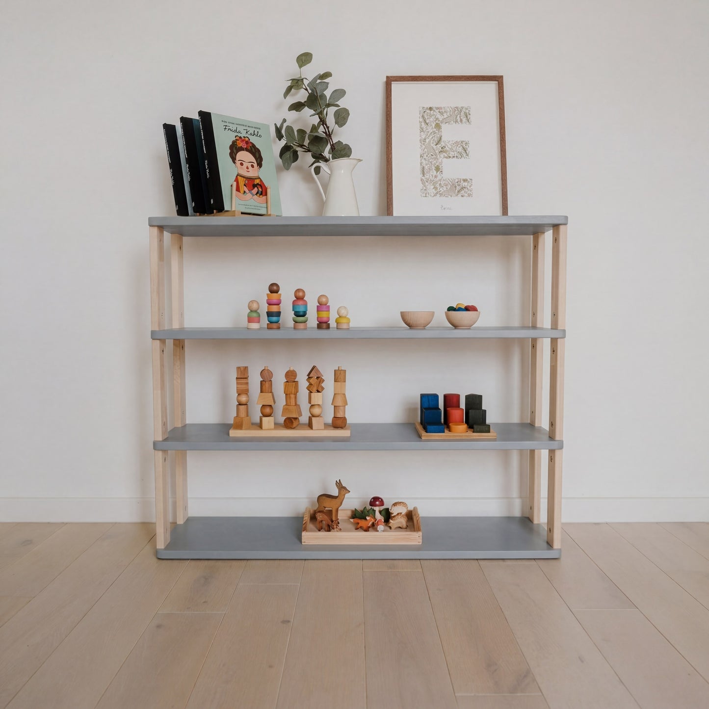 Modular Montessori Shelf Straight - 4 Shelves - Light grey/clear Oil
