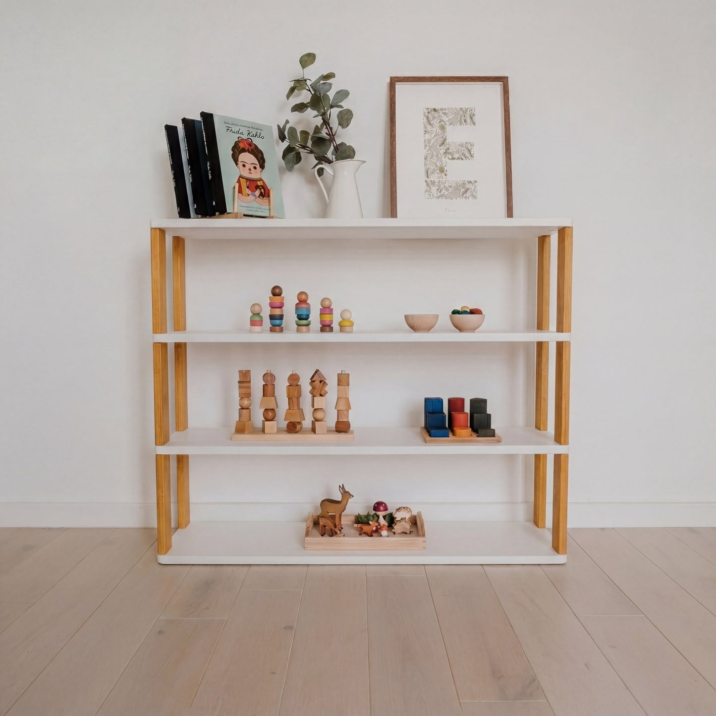 Modular Montessori Shelf Straight - 4 Shelves - White/brownish Oil