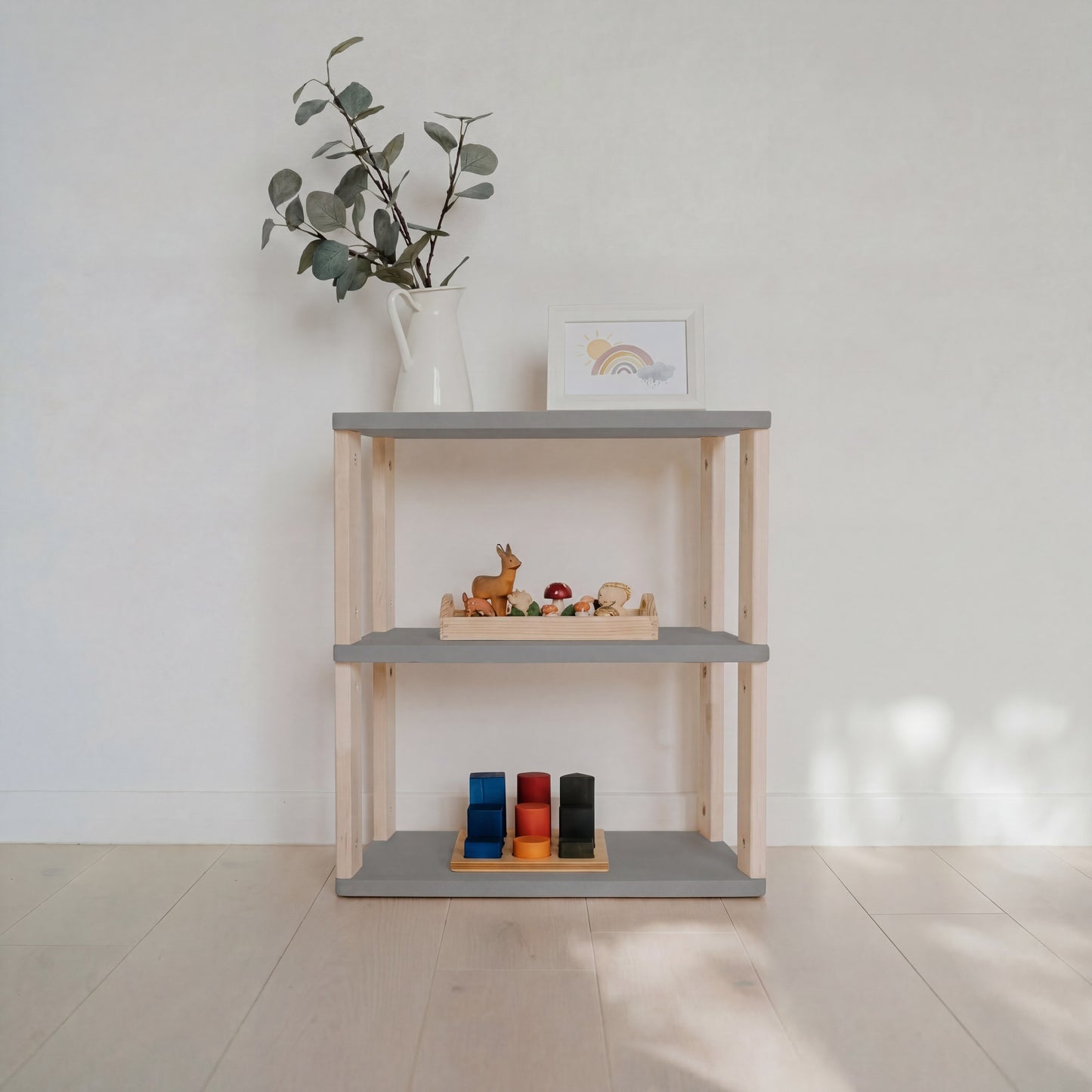 Modular Montessori Shelf Straight Mini - 3 Shelves - Light grey/clear oil