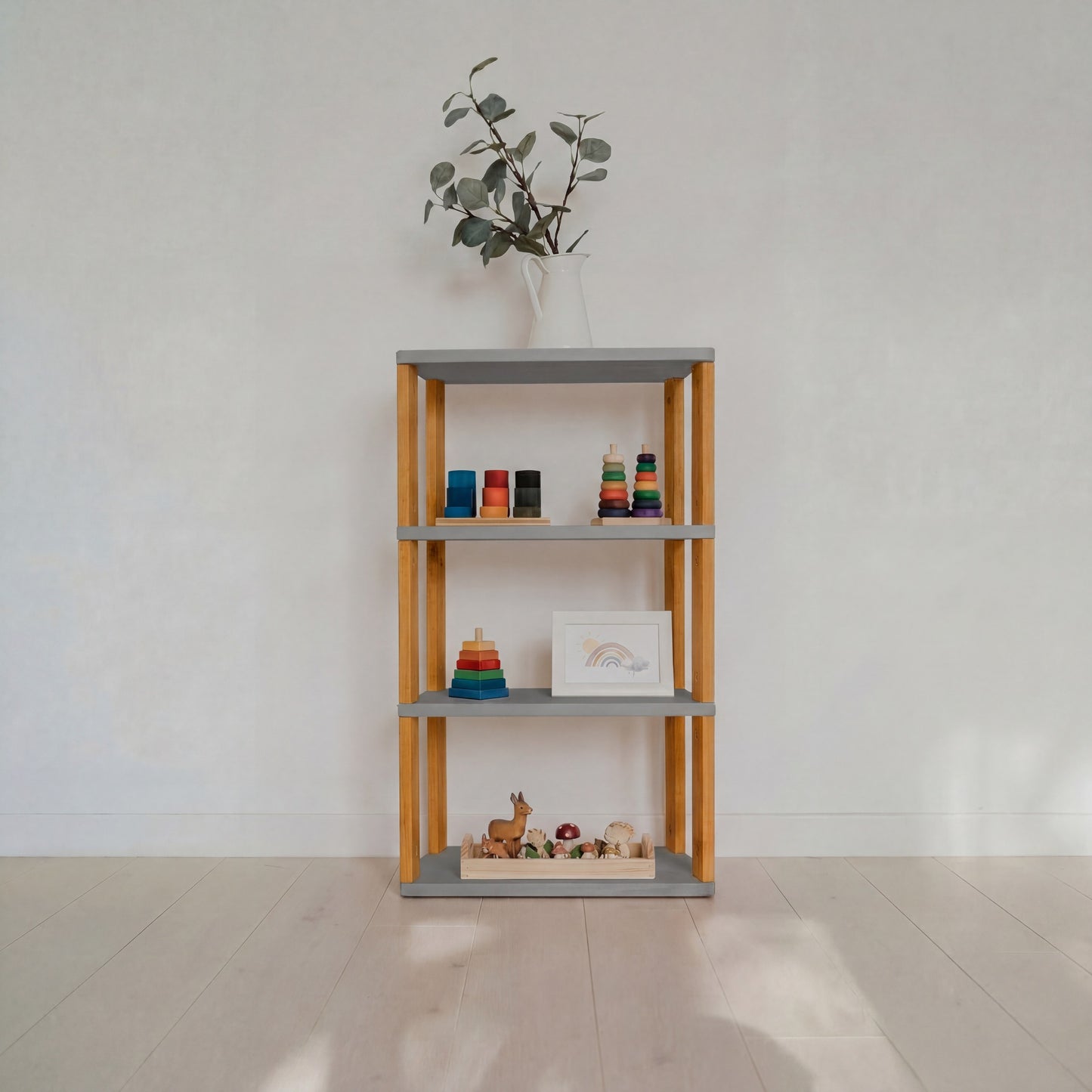 Modular Montessori Shelf Straight Mini - 4 Shelves - Light grey/brownish oil