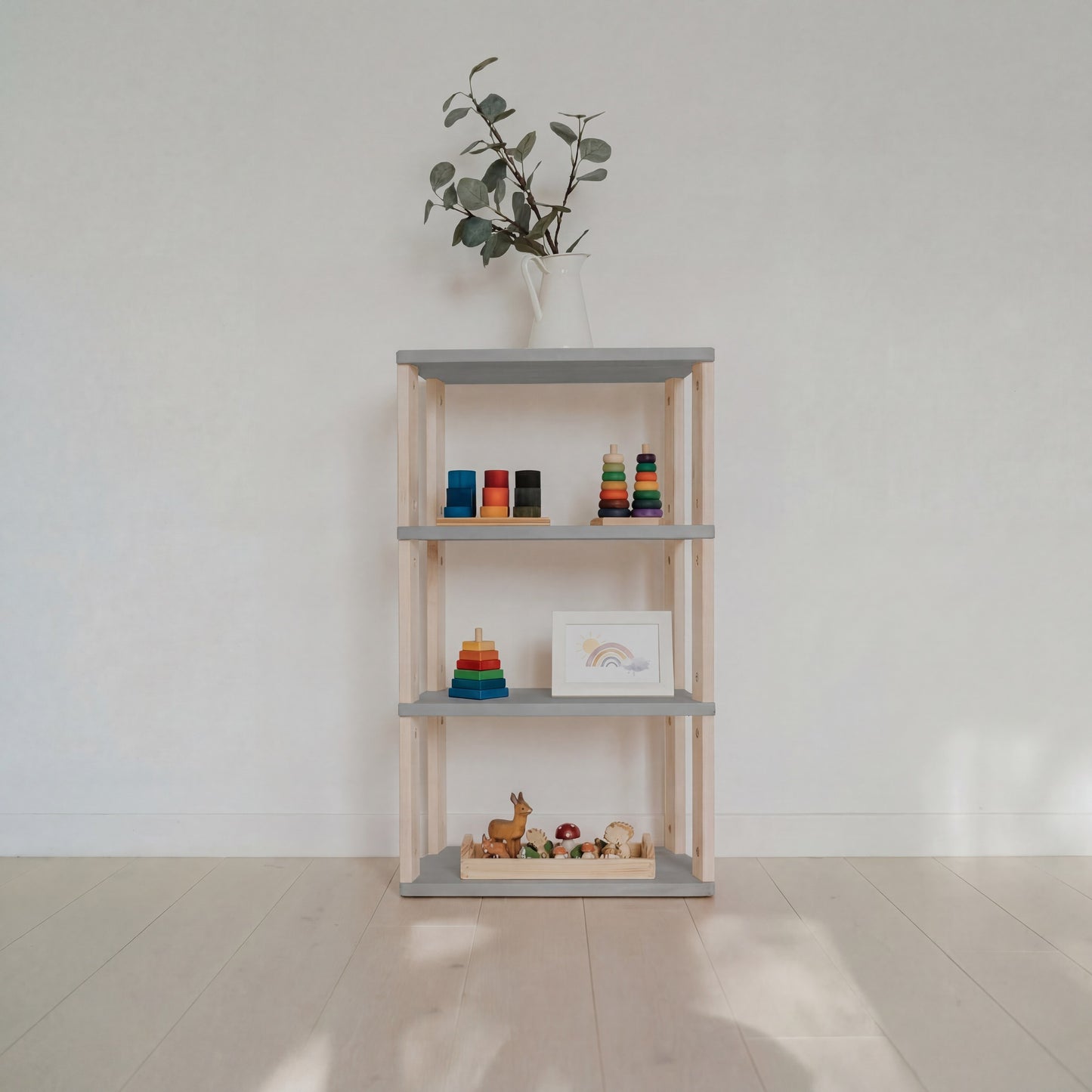 Modular Montessori Shelf Straight Mini - 4 Shelves - Light grey/clear oil