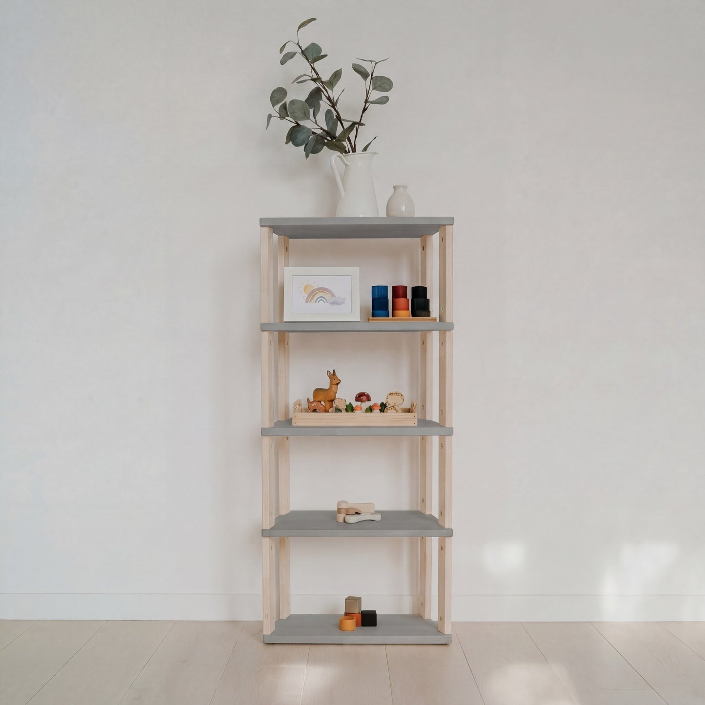 Modular Montessori Shelf Straight Mini - 5 Shelves - Light grey/clear oil