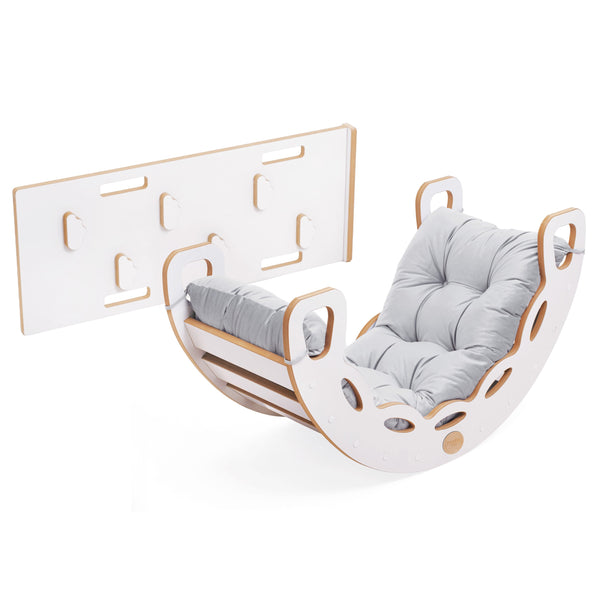 Montessori houpadlo 4v1 Plush Nest, bílé MDF s lezeckou stěnou, skluzavkou a šedým polštářem