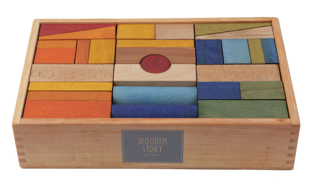 Dřevěné kostky Wooden Story XL v dřevěné krabičce, barevné (duhové), 63 ks – pohled 4