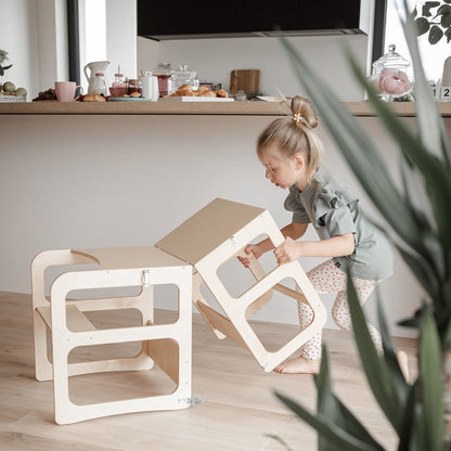 Montessori učící věž 2v1 – přeměnitelná na dětský stolek a židli