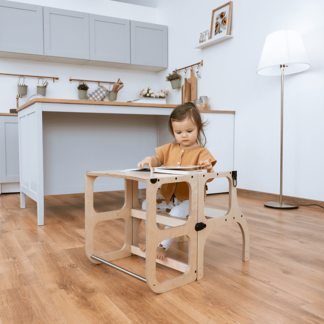 STEP'n'SIT® Convertible 2-in-1 Helper Tower/Table With Support Legs - Natural wood