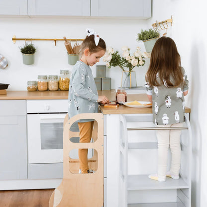 STEP UP Adjustable Height Helper Tower With Support Legs - Natural Wood
