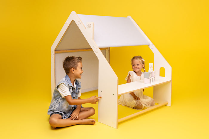 MeowBaby® Dřevěný domeček – Přírodní, modrá stříška