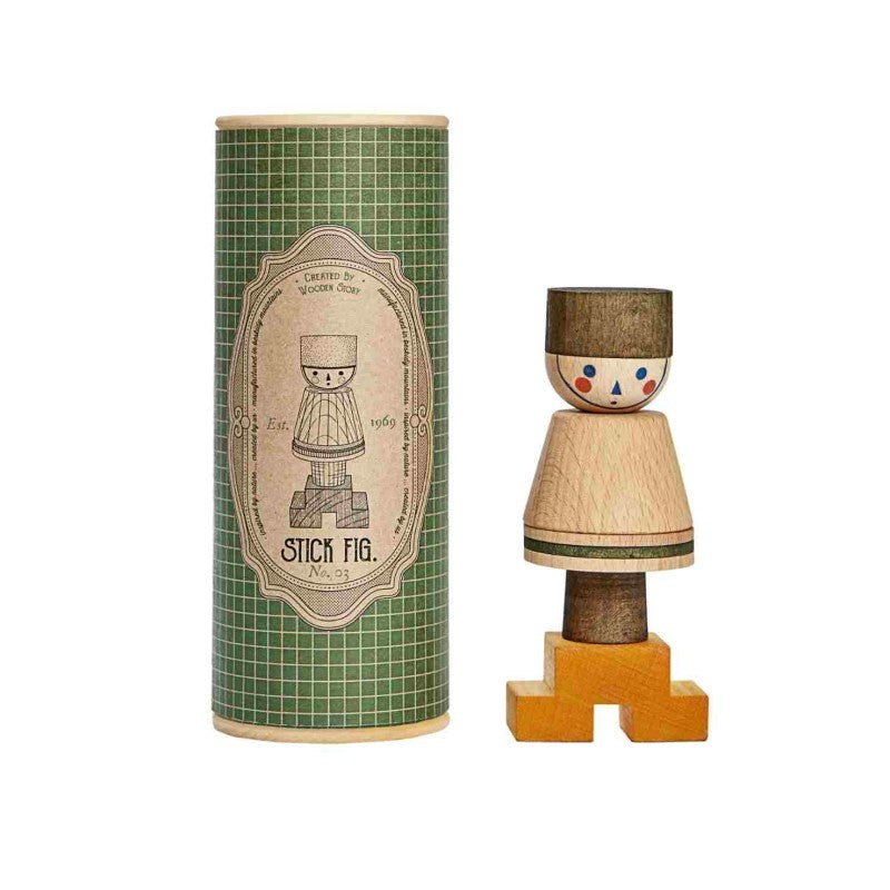 Skládací figurka LALA Wooden Story v zelené variantě, kostky různých tvarů na tyčce – pohled 3
