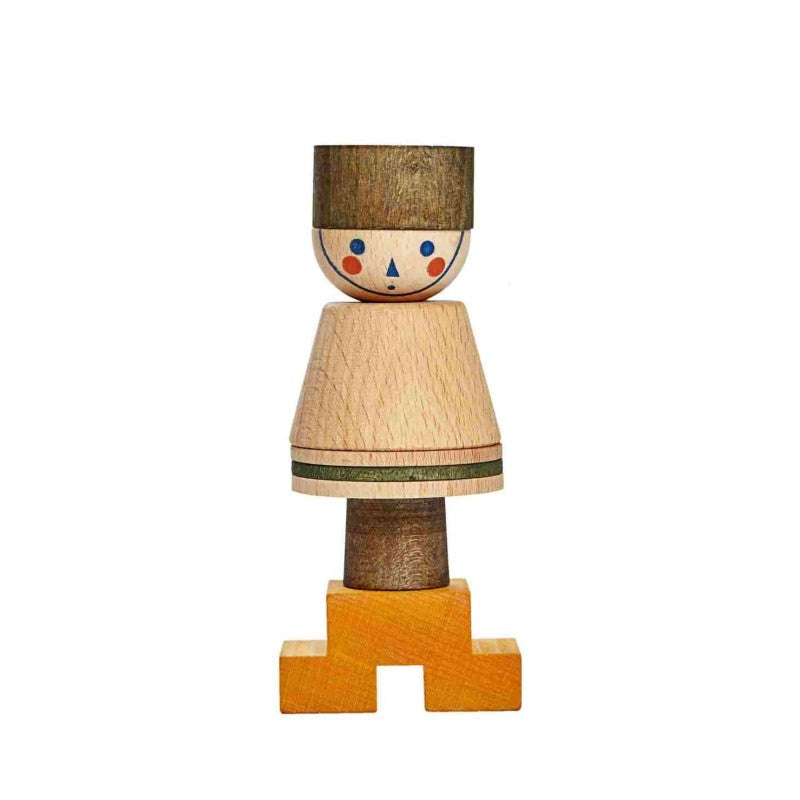 Skládací figurka LALA Wooden Story v zelené variantě, kostky různých tvarů na tyčce