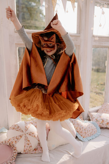Zrzavá dětská pelerína s kapucí moi mili na Halloween, lesklý velur, otvory na ruce – fotografie 8