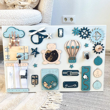 Montessori activity board na zeď BusyBunnyToys 40 × 60 cm, petrolejové provedení
