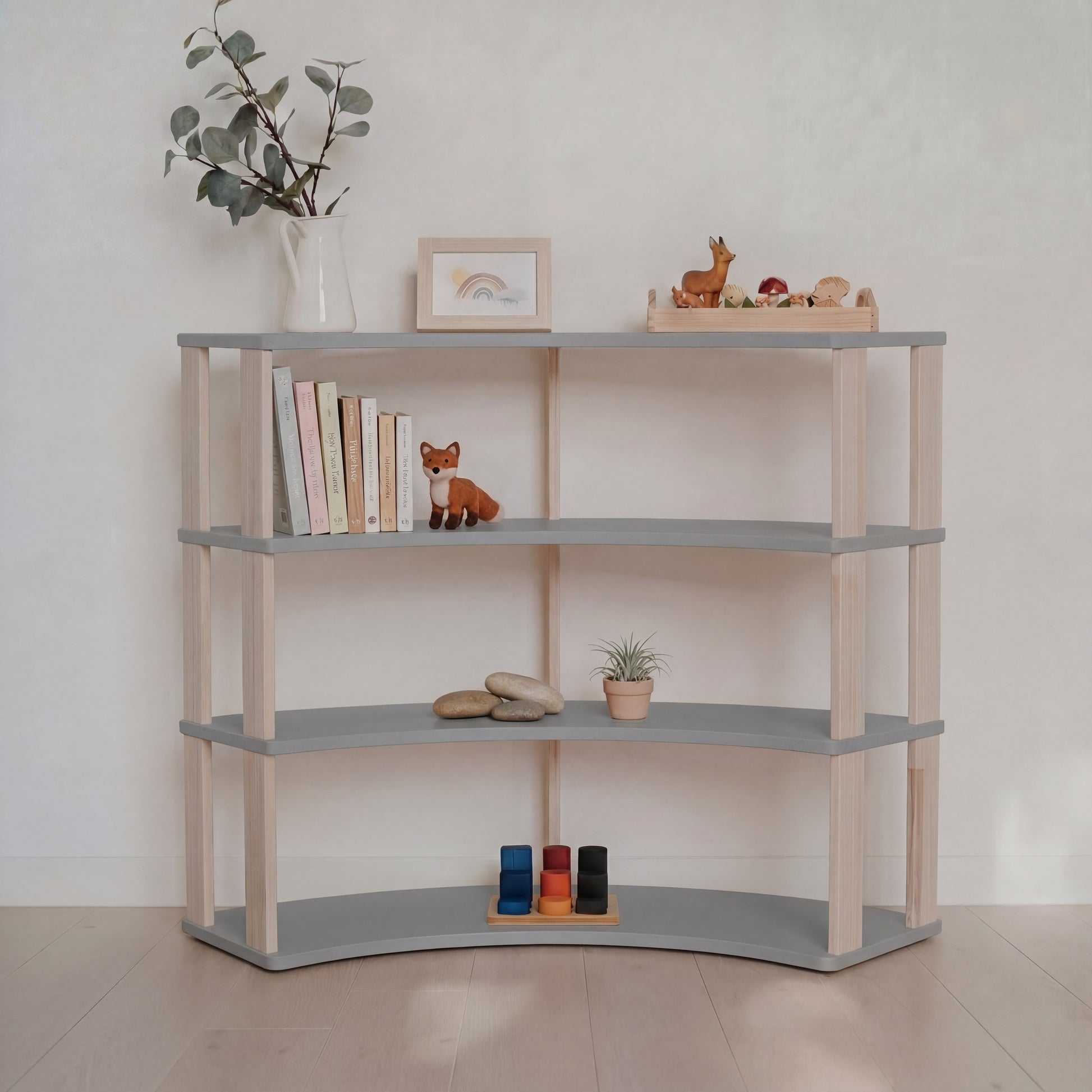Modular Montessori Shelf Arch - 4 Shelves - Light grey/clear oil