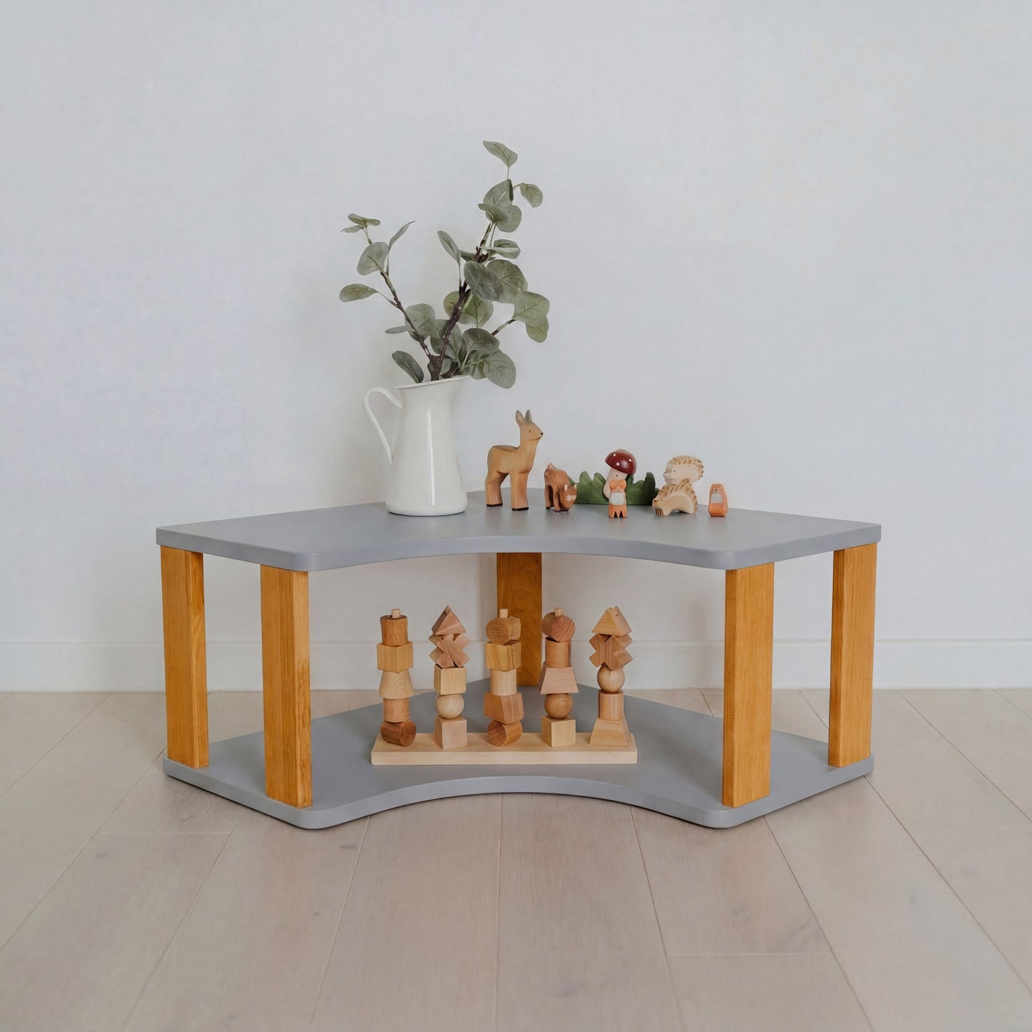 Modular Montessori Shelf Corner - 2 Shelves - Light grey/brownish Oil