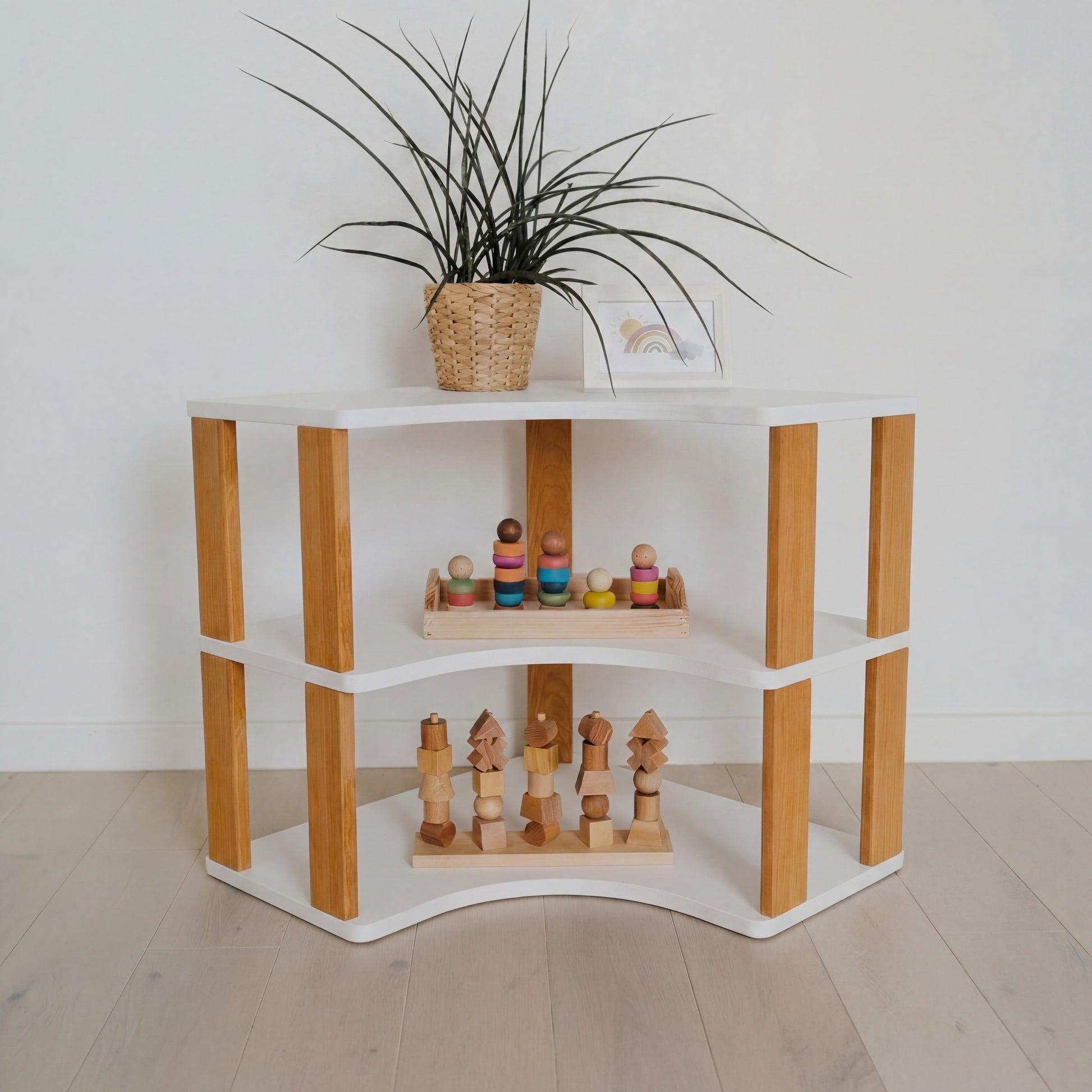 Modular Montessori Shelf Corner - 3 Shelves - White/brownish oil