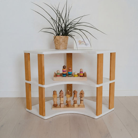 Modular Montessori Shelf Corner - 3 Shelves - White/brownish oil