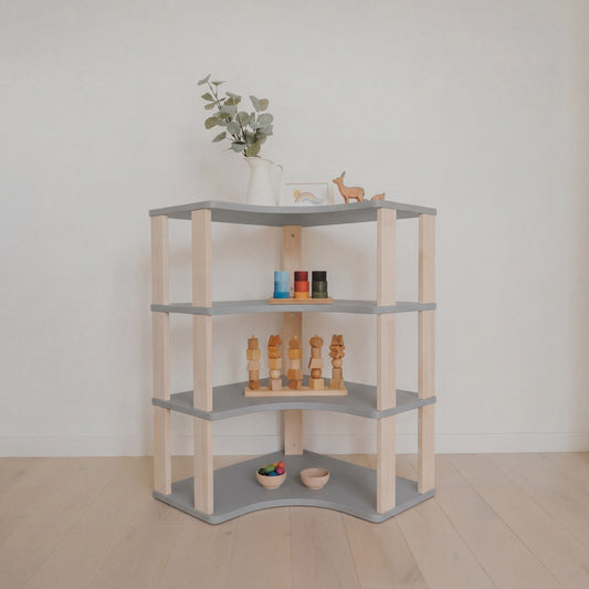 Modular Montessori Shelf Corner - 4 Shelves - Light grey/clear oil