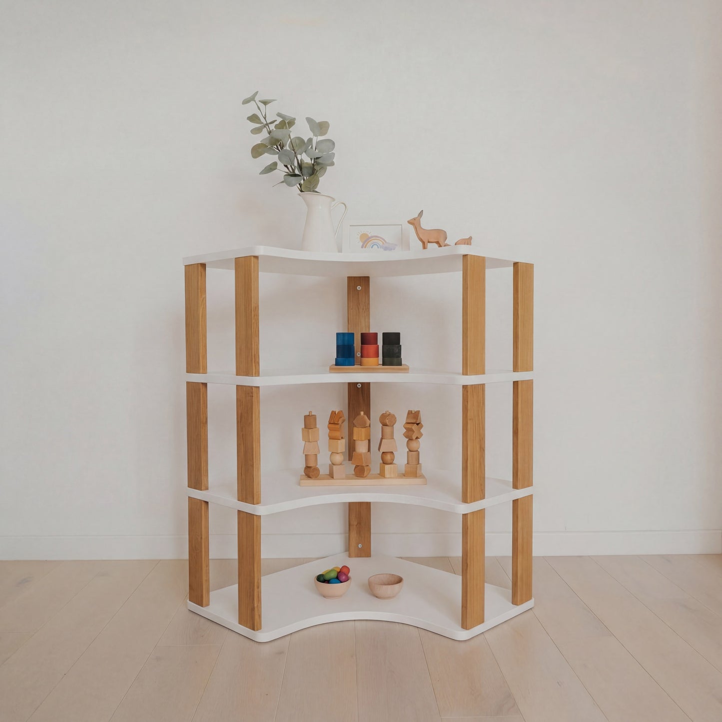 Modular Montessori Shelf Corner - 4 Shelves - White/brownish oil