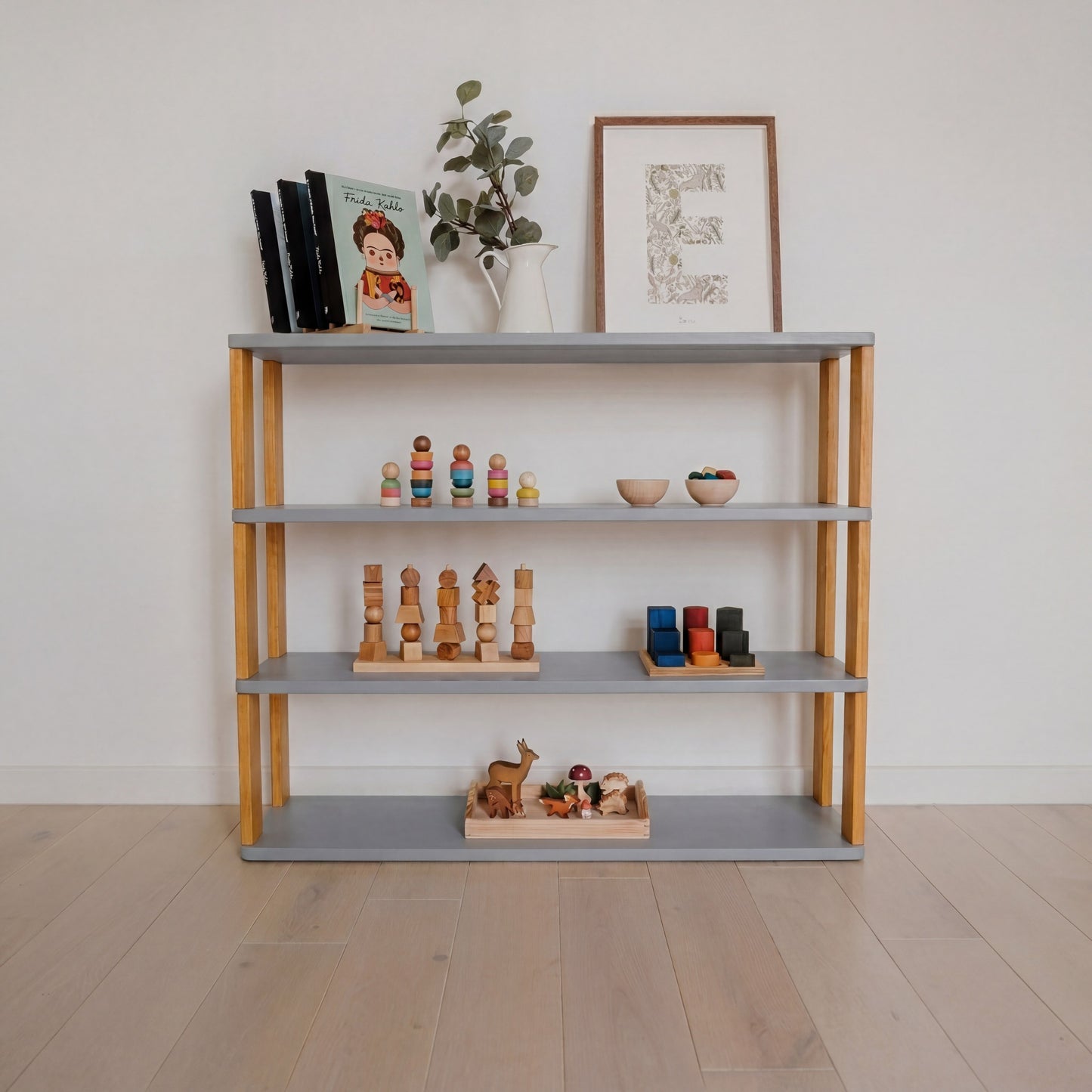 Modular Montessori Shelf Straight - 4 Shelves - Light grey/brownish Oil
