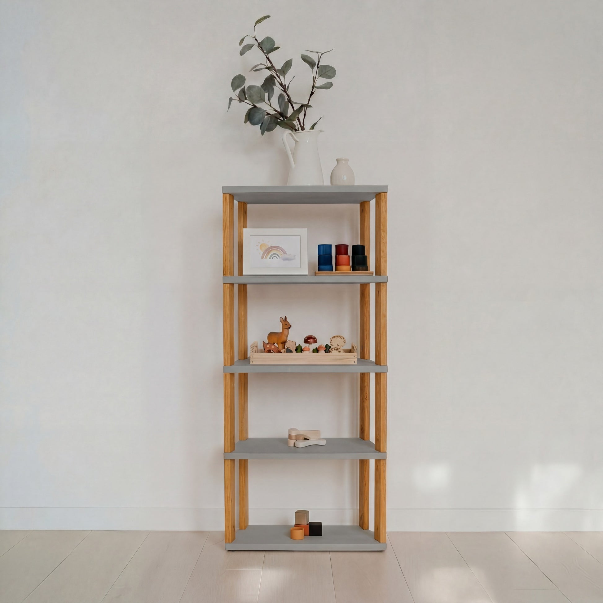 Modular Montessori Shelf Straight Mini - 5 Shelves - Light grey/brownish oil