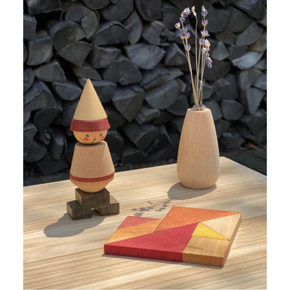 Dřevěný tangram Wooden Story v teplých barvách, 7 dílů se sáčkem – pohled 2