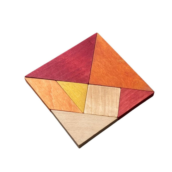 Dřevěný tangram Wooden Story v teplých barvách, 7 dílů se sáčkem