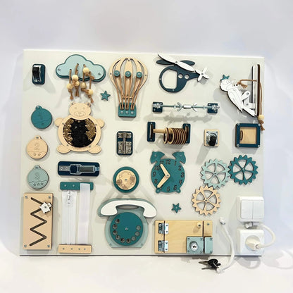 Activity board na zeď BusyBunnyToys 50 × 60 cm, petrolejové provedení