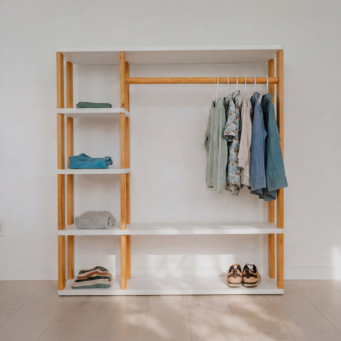 Dětská šatní skříň Montessori s tyčí One Little Pine – 100 cm, bílá / hnědý olej
