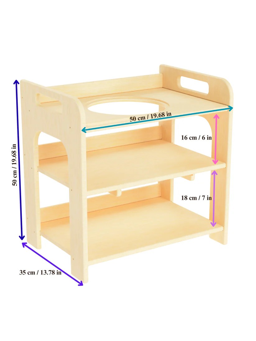 Přenosná dětská mycí stanice OakHill s kulatým dřevěným víkem a smaltovanou miskou Ø 24 cm – pohled 14