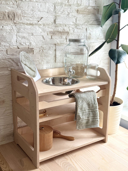 Montessori dřevěný umyvadlový pult s úložným prostorem – malý