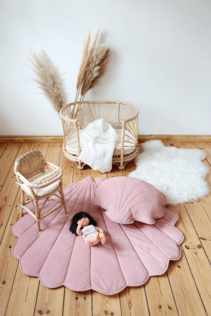 Podložka ve tvaru mušle moi mili, pudrově růžový samet, oboustranná, tloušťka 3 cm – fotografie 9
