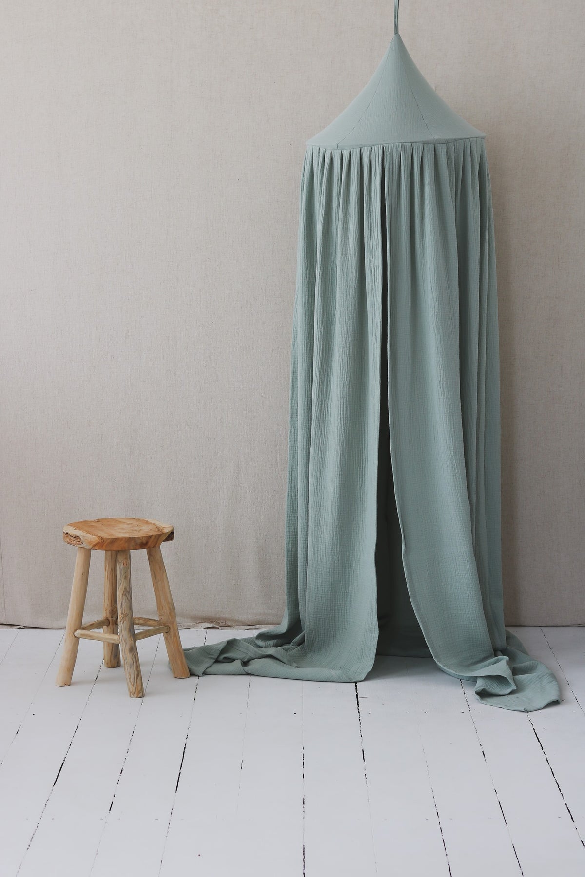Mátová bavlněná nebesa nad postýlku moi mili, látka 240 cm, kovový kruh 50 cm – fotografie 3