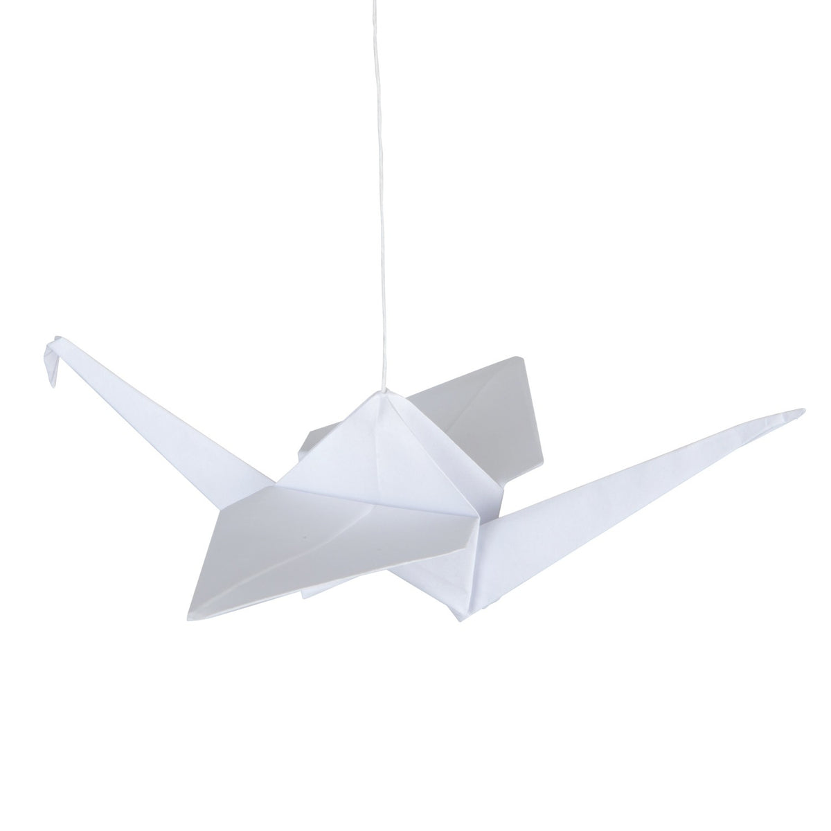 Bílý origami mobil moi mili, papírové jeřáby na dřevěných tyčkách s bambulkami a peřím – fotografie 3