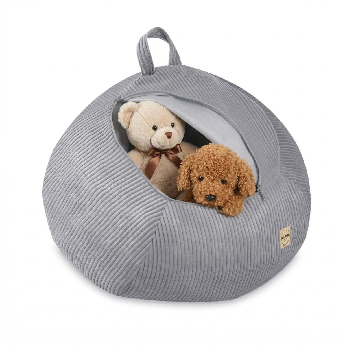 Dětský puf a úložný vak na plyšáky Plush Nest, šedý manšestr se zipem a držadlem