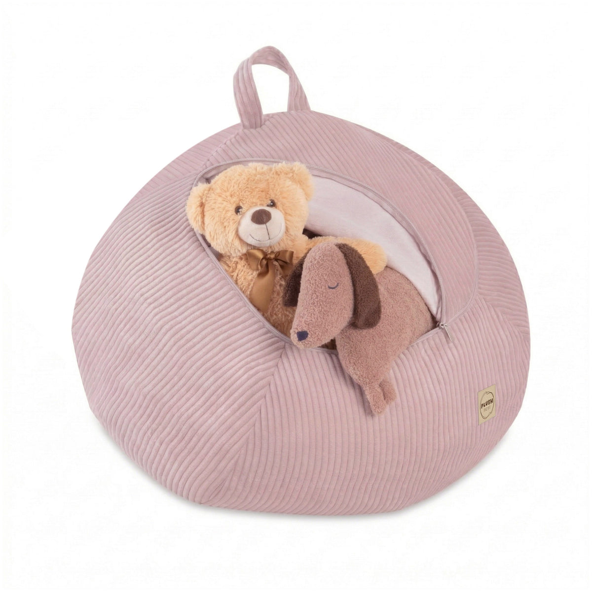 Vak na hračky a dětský puf Plush Nest ze světle růžového manšestru, 82 × 82 × 50 cm