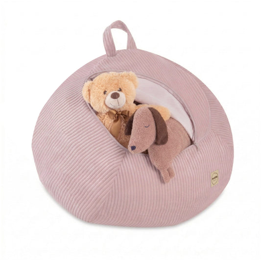 Vak na hračky a dětský puf Plush Nest ze světle růžového manšestru, 82 × 82 × 50 cm