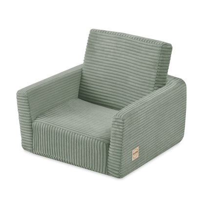 Zelené dětské křesílko rozkládací Plush Nest CUBIE Mini 2v1 z manšestru, složené i rozložené