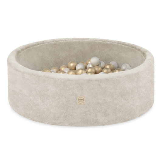 Suchý bazének s míčky Plush Nest, béžová žinylka 90 × 30 cm, perleťové a zlaté míčky