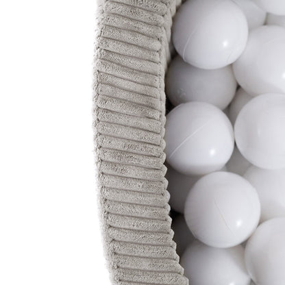 Suchý bazének s míčky Plush Nest, béžový manšestr 90 × 30 cm, perleťové, modré a zlaté míčky – fotografie 8