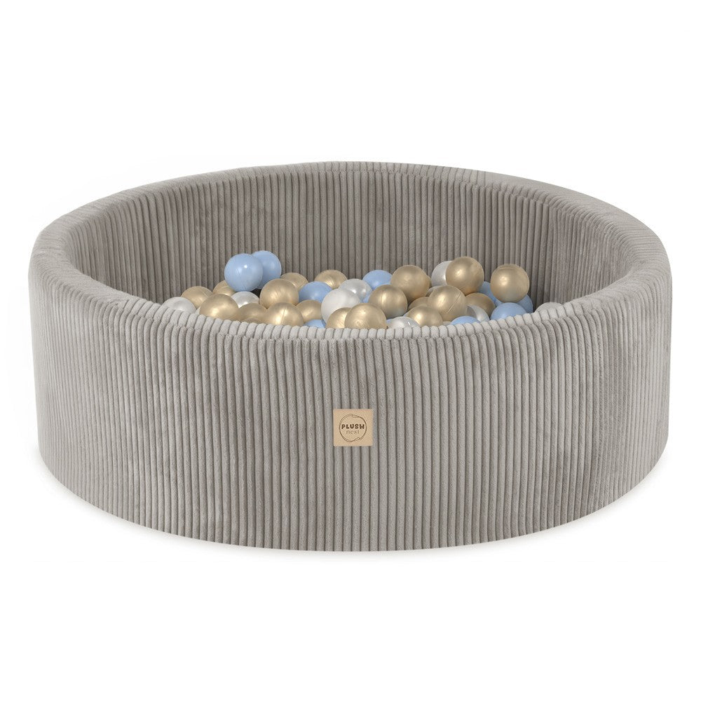 Suchý bazének s míčky Plush Nest, béžový manšestr 90 × 30 cm, perleťové, modré a zlaté míčky
