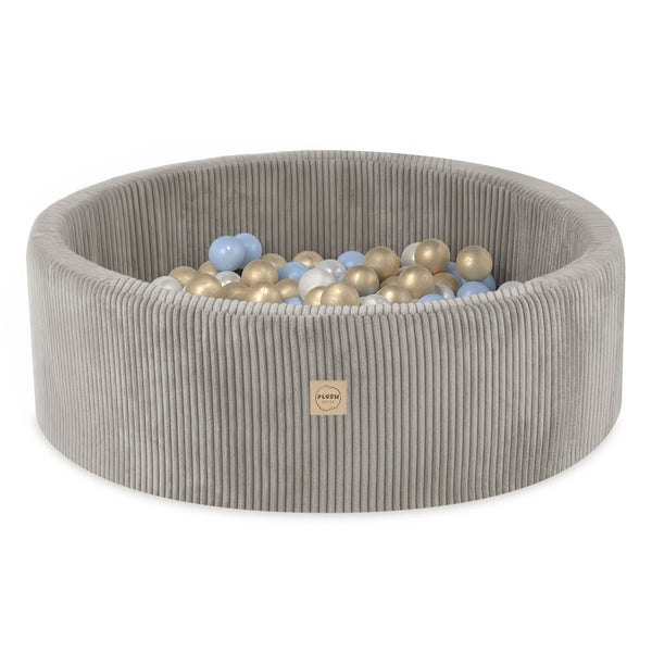 Suchý bazének s míčky Plush Nest, béžový manšestr 90 × 30 cm, perleťové, modré a zlaté míčky