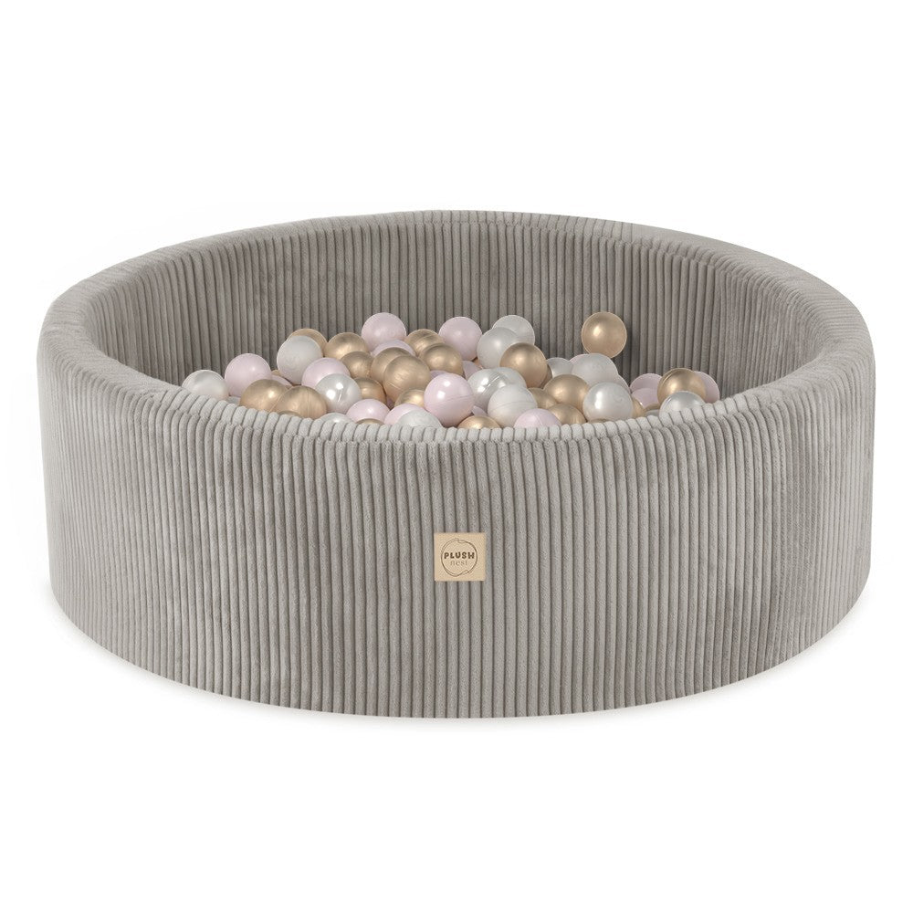 Suchý bazének s míčky Plush Nest, béžový manšestr 90 × 30 cm, perleťové, světle růžové a zlaté míčky