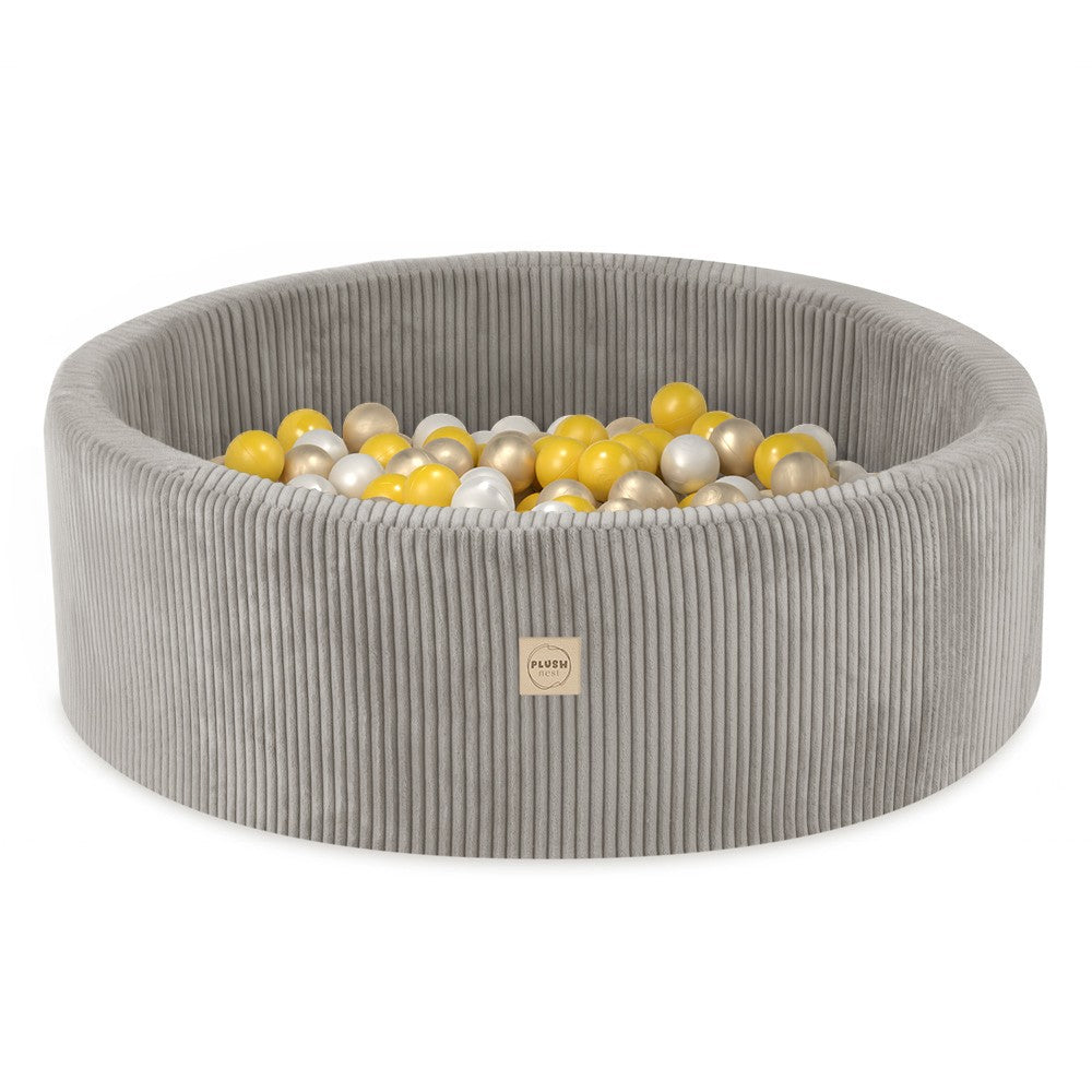 Suchý bazének s míčky Plush Nest, béžový manšestr 90 × 30 cm, perleťové, žluté a zlaté míčky
