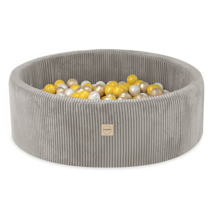 Suchý bazének s míčky Plush Nest, béžový manšestr 90 × 30 cm, perleťové, žluté a zlaté míčky