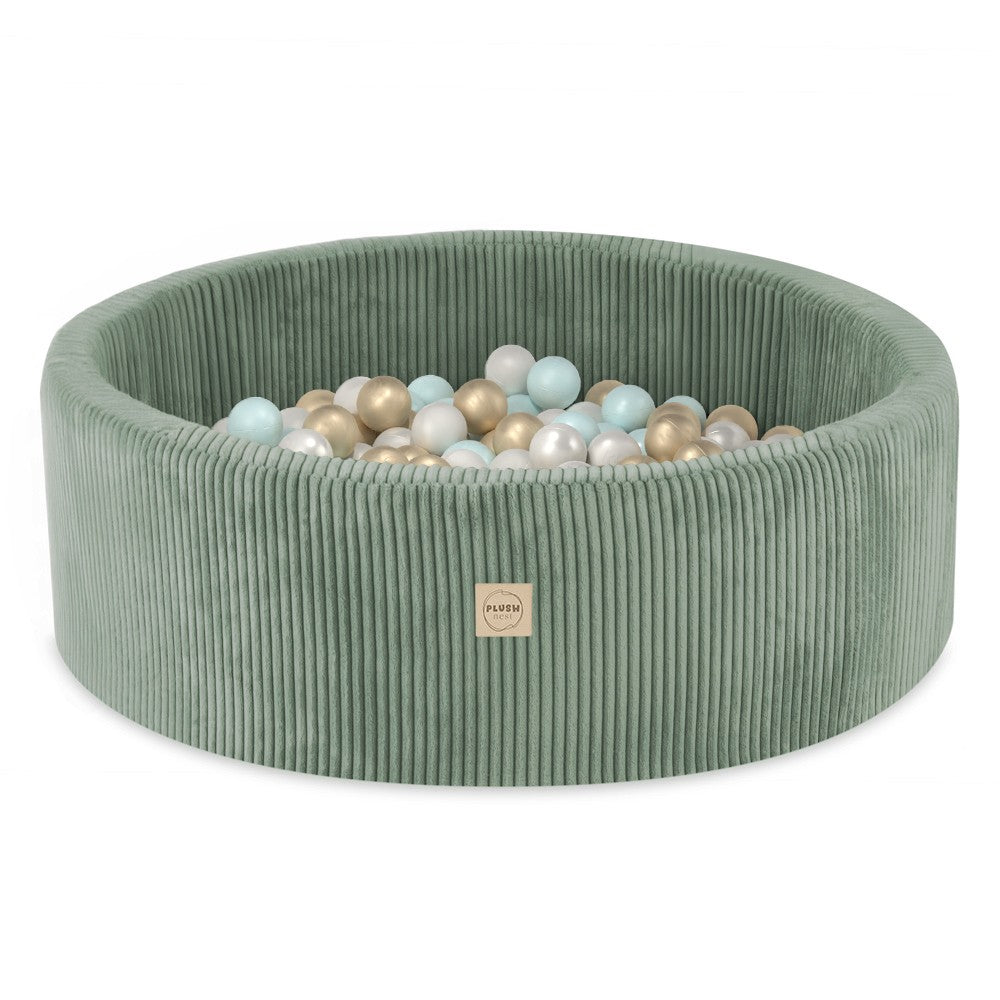 Suchý bazének s míčky Plush Nest, zelený manšestr 90 × 30 cm, perleťové, perleťově mátové a zlaté míčky