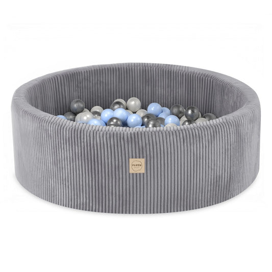 Suchý bazének s míčky Plush Nest, světle šedý manšestr 90 × 30 cm, perleťové, světle modré a stříbrné míčky